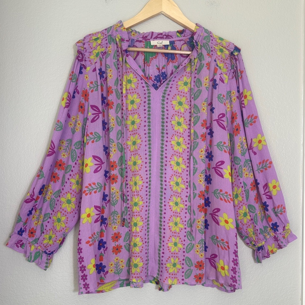 Easel Lavender Floral Boho Blouse 1X Long Sleeve Ruffles Colorful Peasant Hippie